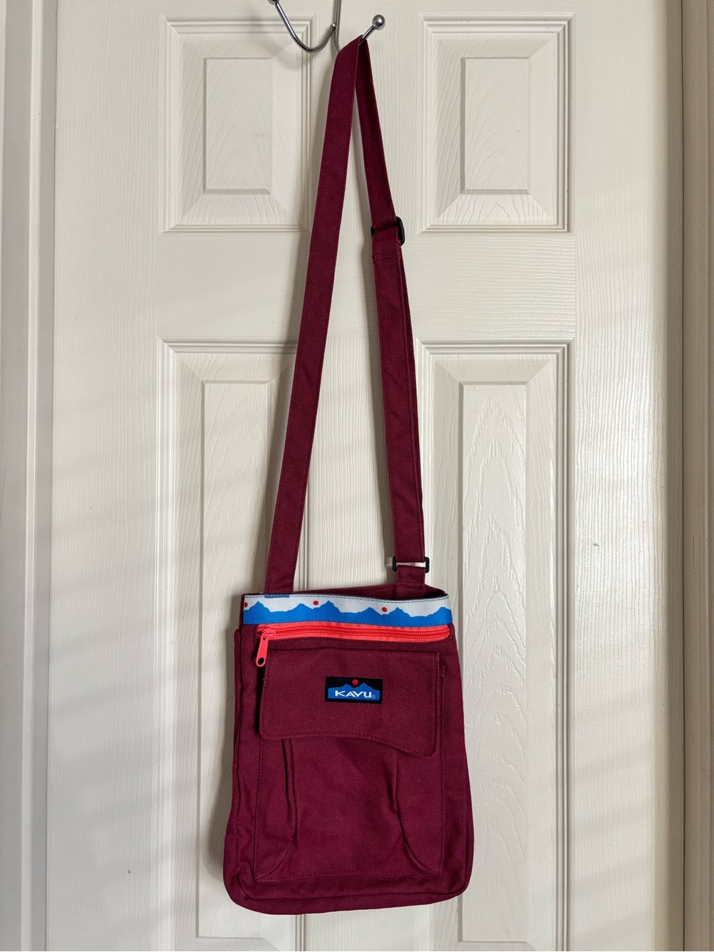 Kavu Maroon Crossbody Bag with Blue and Coral Accents